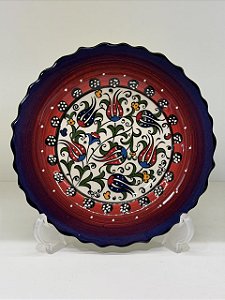 Prato de Parede Pequeno - Turquia - Decorativo - Cerâmica - Alto Relevo - Roxo, Vermelho e Colorido