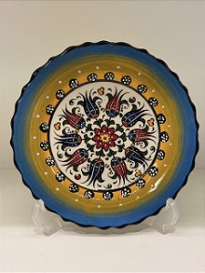 Prato de Parede Pequeno - Turquia - Decorativo - Cerâmica - Alto Relevo - Azul, Amarelo e Colorido