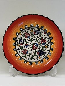 Prato de Parede Pequeno - Turquia - Decorativo - Cerâmica - Alto Relevo - Laranja e Colorido
