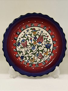 Prato de Parede Pequeno - Turquia - Decorativo - Cerâmica - Alto Relevo - Roxo, Vermelho e Colorido