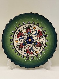 Prato de Parede Pequeno - Turquia - Decorativo - Cerâmica - Alto Relevo - Verde e Colorido
