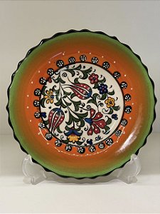 Prato de Parede Pequeno - Turquia - Decorativo - Cerâmica - Alto Relevo - Verde, Laranja e Colorido
