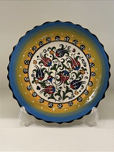 Prato de Parede Pequeno - Turquia - Decorativo - Cerâmica - Alto Relevo - Azul, Amarelo e Colorido