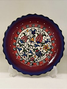 Prato de Parede Pequeno - Turquia - Decorativo - Cerâmica - Alto Relevo - Roxo, Vermelho e Colorido