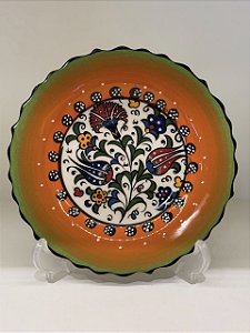 Prato de Parede Pequeno - Turquia - Decorativo - Cerâmica - Alto Relevo - Verde, Laranja e Colorido
