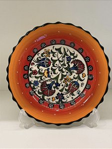 Prato de Parede Pequeno - Turquia - Decorativo - Cerâmica - Alto Relevo - Laranja e Colorido