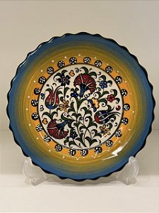 Prato de Parede Pequeno - Turquia - Decorativo - Cerâmica - Alto Relevo - Azul, Amarelo e Colorido