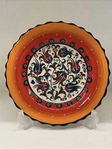 Prato de Parede Pequeno - Turquia - Decorativo - Cerâmica - Alto Relevo - Laranja e Colorido