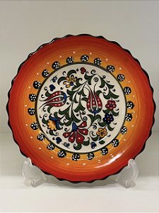 Prato de Parede Pequeno - Turquia - Decorativo - Cerâmica - Alto Relevo - Laranja e Colorido