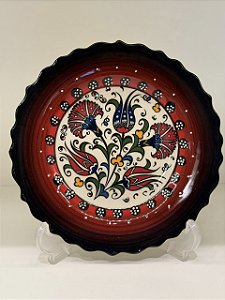 Prato de Parede Pequeno - Turquia - Decorativo - Cerâmica - Alto Relevo - Preto, Vermelho e Colorido