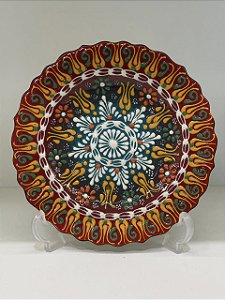 Prato de Parede Pequeno - Turquia - Decorativo - Cerâmica - Alto Relevo - Vermelho, Turquesa e Colorido