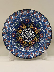 Prato de Parede Pequeno - Turquia - Decorativo - Cerâmica - Alto Relevo - Azul e Colorido