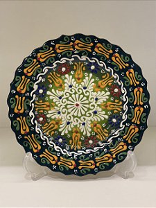 Prato de Parede Pequeno - Turquia - Decorativo - Cerâmica - Alto Relevo - Verde e Colorido