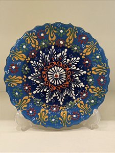 Prato de Parede Pequeno - Turquia - Decorativo - Cerâmica - Alto Relevo - Azul e Colorido