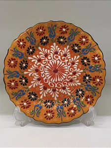 Prato de Parede Pequeno - Turquia - Decorativo - Cerâmica - Alto Relevo - Laranja e Colorido