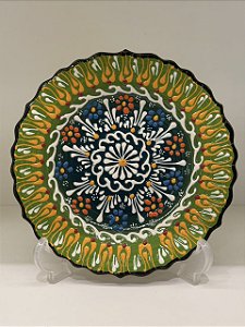 Prato de Parede Pequeno - Turquia - Decorativo - Cerâmica - Alto Relevo - Verde e Colorido