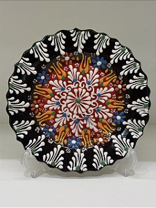 Prato de Parede Pequeno - Turquia - Decorativo - Cerâmica - Alto Relevo - Preto, Vermelho e Colorido