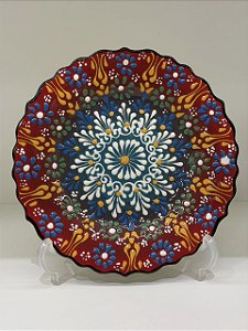 Prato de Parede Pequeno - Turquia - Decorativo - Cerâmica - Alto Relevo - Vermelho, Turquesa e Colorido