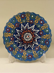 Prato de Parede Pequeno - Turquia - Decorativo - Cerâmica - Alto Relevo - Azul e Colorido