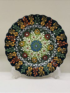 Prato de Parede Pequeno - Turquia - Decorativo - Cerâmica - Alto Relevo - Azul Escuro e Verde
