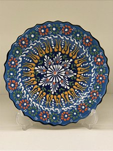 Prato de Parede Pequeno - Turquia - Decorativo - Cerâmica - Alto Relevo - Azul e Colorido