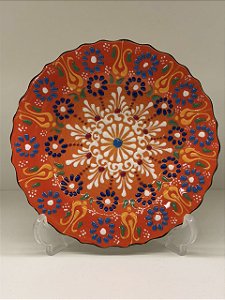 Prato de Parede Pequeno - Turquia - Decorativo - Cerâmica - Alto Relevo - Laranja e Colorido