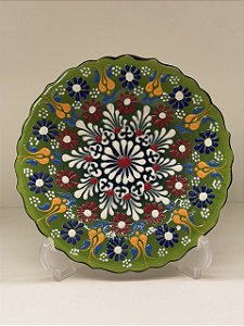 Prato de Parede Pequeno - Turquia - Decorativo - Cerâmica - Alto Relevo - Verde e Colorido