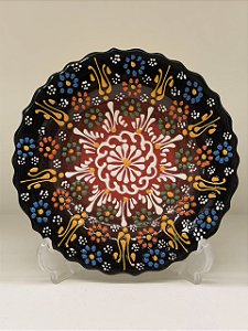 Prato de Parede Pequeno - Turquia - Decorativo - Cerâmica - Alto Relevo - Preto, Vermelho e Colorido