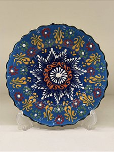 Prato de Parede Pequeno - Turquia - Decorativo - Cerâmica - Alto Relevo - Azul e Colorido