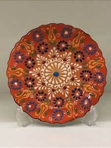 Prato de Parede Pequeno - Turquia - Decorativo - Cerâmica - Alto Relevo - Laranja e Colorido