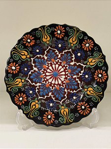 Prato de Parede Pequeno - Turquia - Decorativo - Cerâmica - Alto Relevo - Preto, Vermelho e Colorido