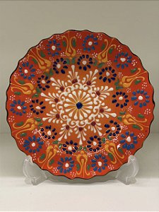 Prato de Parede Pequeno - Turquia - Decorativo - Cerâmica - Alto Relevo - Laranja e Colorido