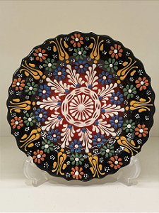 Prato de Parede Pequeno - Turquia - Decorativo - Cerâmica - Alto Relevo - Preto, Vermelho e Colorido