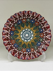 Prato de Parede Pequeno - Turquia - Decorativo - Cerâmica - Alto Relevo - Preto, Vermelho e Colorido