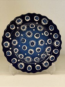 Prato de Parede Pequeno - Turquia - Decorativo - Cerâmica - Alto Relevo - Olho Grego - Azul e Branco
