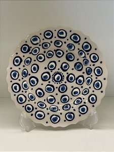 Prato de Parede Pequeno - Turquia - Decorativo - Cerâmica - Alto Relevo - Olho Grego - Branco e Azul