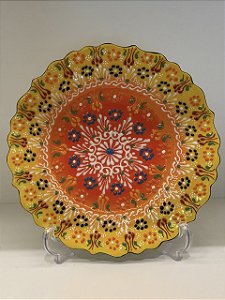 Prato de Parede Medio - Turquia - Decorativo - Cerâmica - Pintado à mão - Amarelo, Laranja e Colorido
