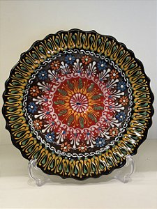 Prato de Parede Medio - Turquia - Decorativo - Cerâmica - Pintado à mão - Preto, Vermelho e Colorido