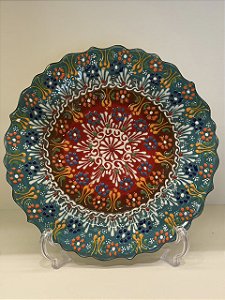Prato de Parede Medio - Turquia - Decorativo - Cerâmica - Pintado à mão - Turquesa, Vermelho e Colorido