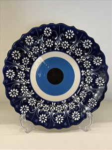 Prato de Parede Medio - Turquia - Decorativo - Cerâmica - Pintado à mão - Olho Grego - Azul e Branco