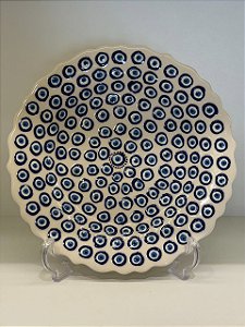 Prato de Parede Medio - Turquia - Decorativo - Cerâmica - Pintado à mão - Olho Grego - Branco e Azul