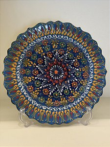 Prato de Parede Medio - Turquia - Decorativo - Cerâmica - Pintado à mão - Azul e Colorido