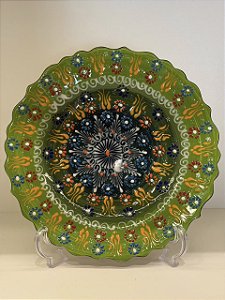 Prato de Parede Medio - Turquia - Decorativo - Cerâmica - Pintado à mão - Verde e Colorido