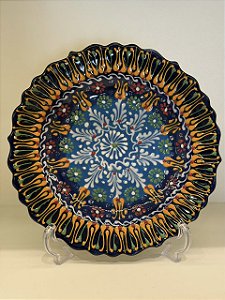 Prato de Parede Medio - Turquia - Decorativo - Cerâmica - Pintado à mão - Azul e Colorido