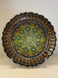 Prato de Parede Medio - Turquia - Decorativo - Cerâmica - Pintado à mão - Verde e Colorido