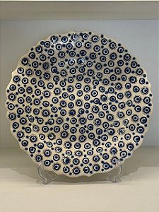 Prato de Parede Grande - Turquia - Decorativo - Cerâmica - Alto Relevo - Olho Grego - Branco e Azul