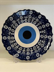 Prato de Parede Grande - Turquia - Decorativo - Cerâmica - Alto Relevo - Olho Grego - Azul e Branco