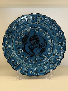Prato de Parede Grande - Turquia - Decorativo - Cerâmica - Alto Relevo - Azul