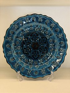 Prato de Parede Grande - Turquia - Decorativo - Cerâmica - Alto Relevo - Azul