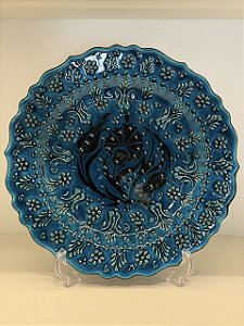 Prato de Parede Grande - Turquia - Decorativo - Cerâmica - Alto Relevo - Azul